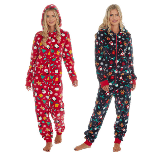 Unisex Christmas Print Hooded Onesie Navy & Red